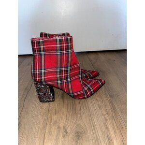 Betsey Johnson Kassie Red Plaid Multi Glitter Block Heel Ankle Boots Women's 7.5